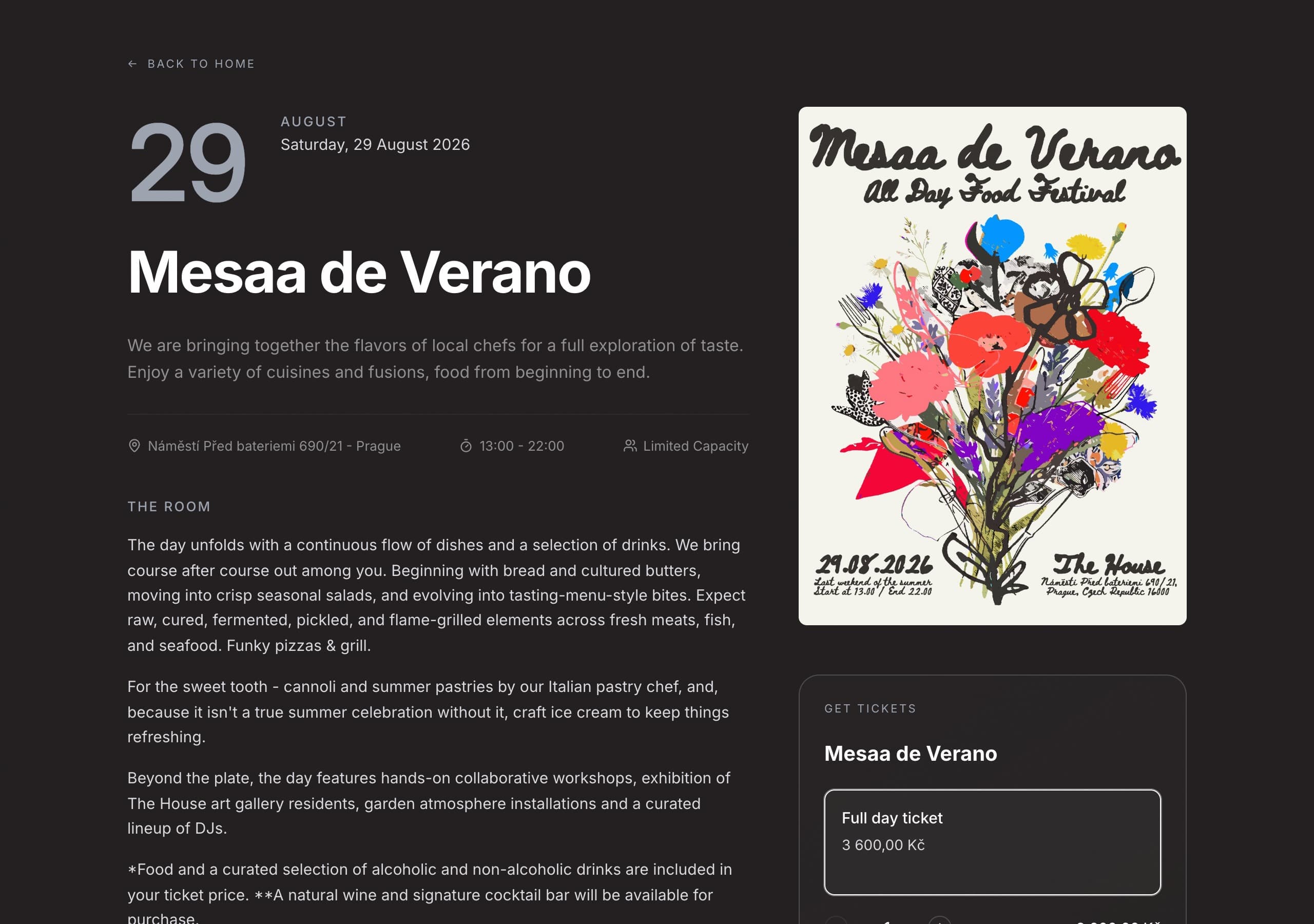 Mesaa public event page showing the menu, collaborators and seat selection