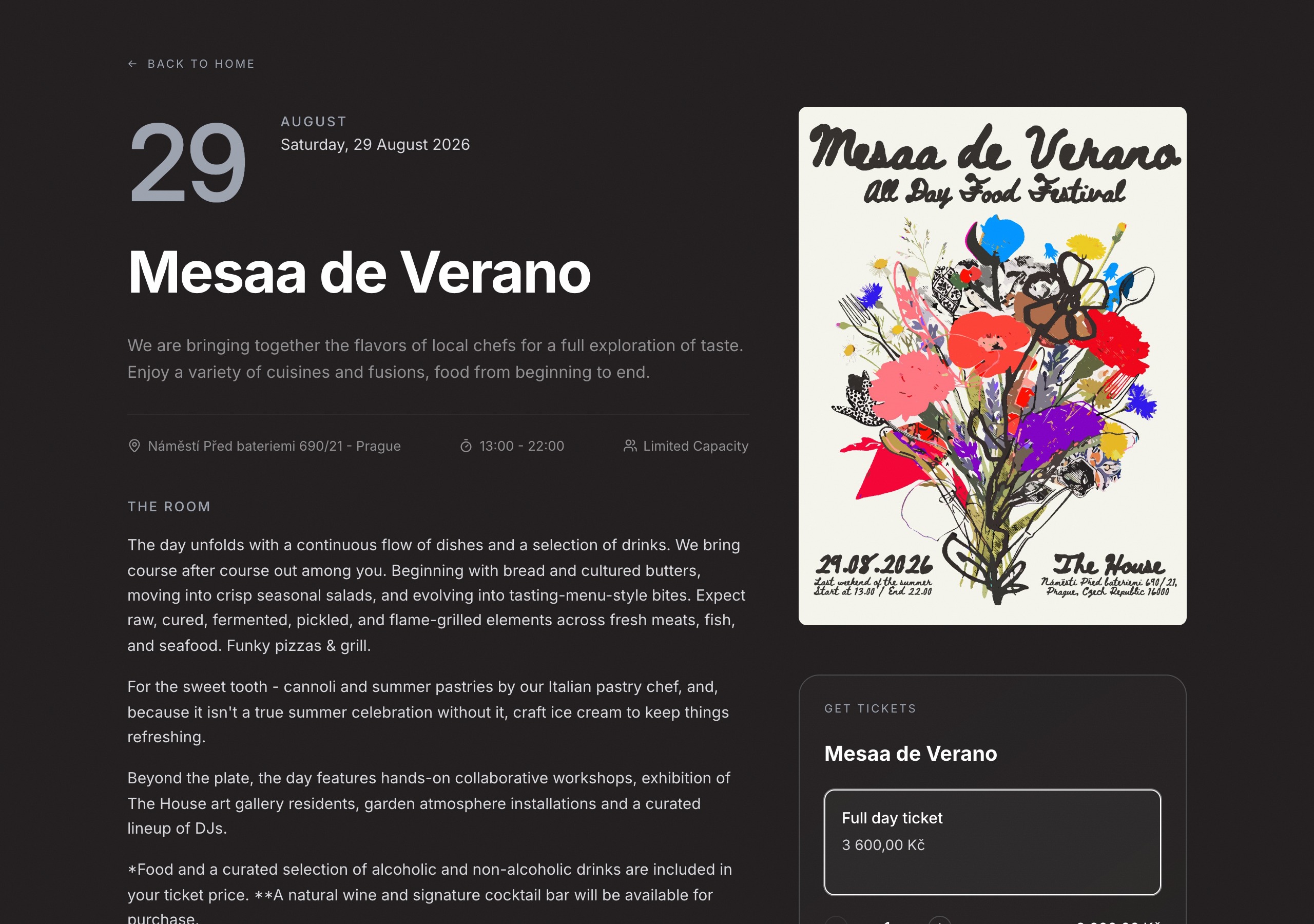 Mesaa event page — the menu, the collaborators, the seats